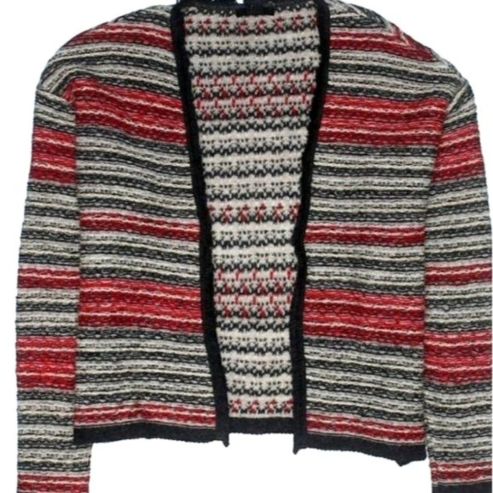 H&M Women Boho Eclectic Mohair Wool Cardigan S Red Multi Striped Open Front